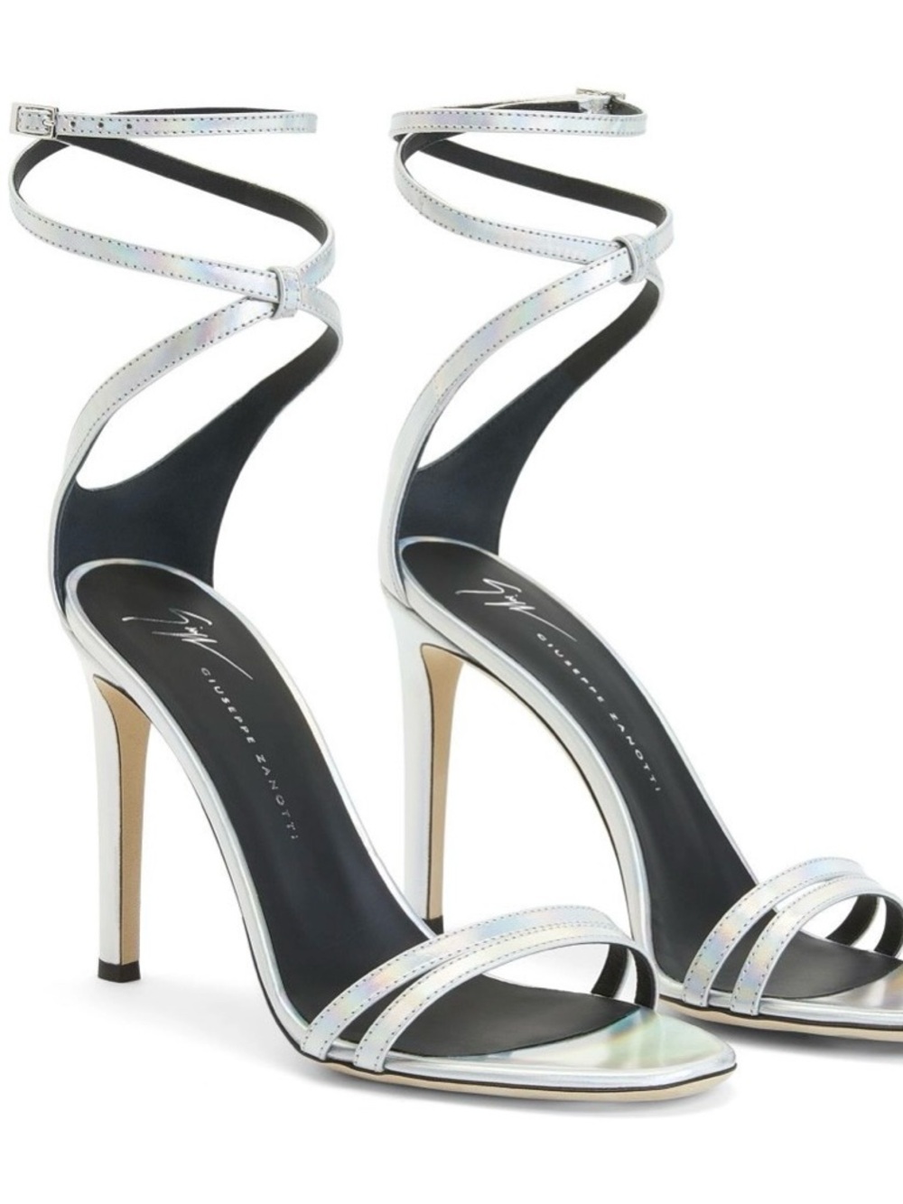 Giuseppe Zanotti Iridescent Silver Ankle-Wrap Stiletto Sandals